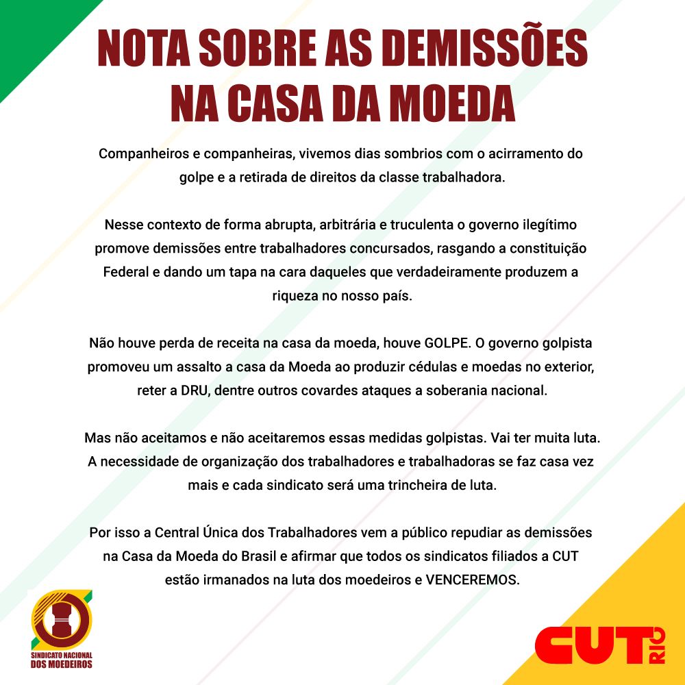 Nota da CUT-RIO sobre as demissões na Casa da Moeda