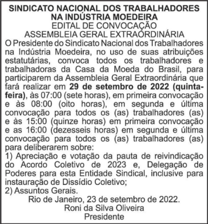 EDITAL DE CONVOCAÇÃO ASSEMBLEIA ACT 2023 SINDICATO NACIONAL DOS